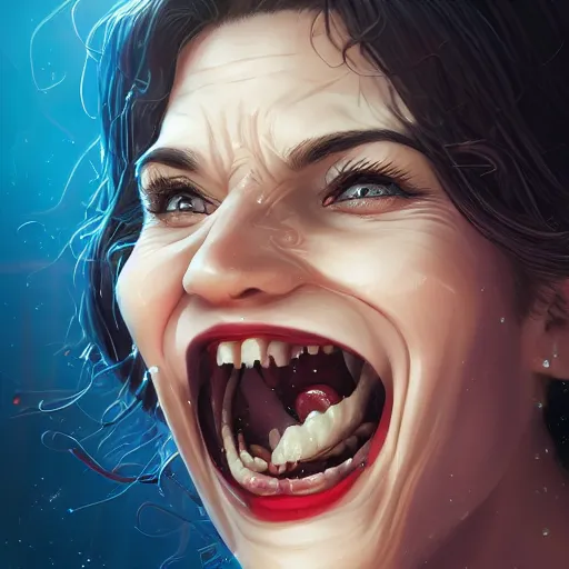 Image similar to wide open wife mouth, close - up, cry, cruelty, defiant, pin - up, full lips, symmetrical teeth, light effect, hyper detailed, intricate, elegant, highly detailed, digital painting, artstation, concept art, matte, sharp focus, illustration, by dan mumford, yusuke murata, makoto shinkai, ross tran