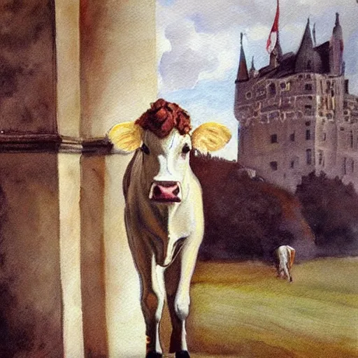 Image similar to painting by zorn, cow wearing!!! clothes!!! jeans!!! standing next to royal castle!!