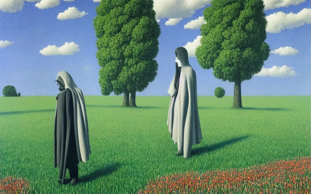 Prompt: grim reaper looking at you in distance in beautiful meadow of flowers, detailed painting by rene magritte