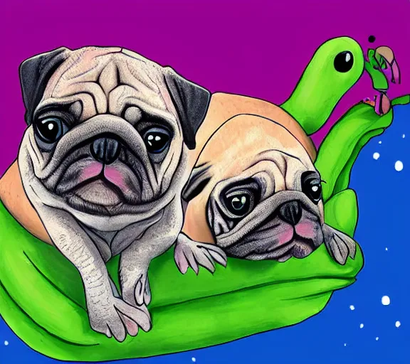 Image similar to a cute little turtle riding on the back of a pug, digital art, colourful