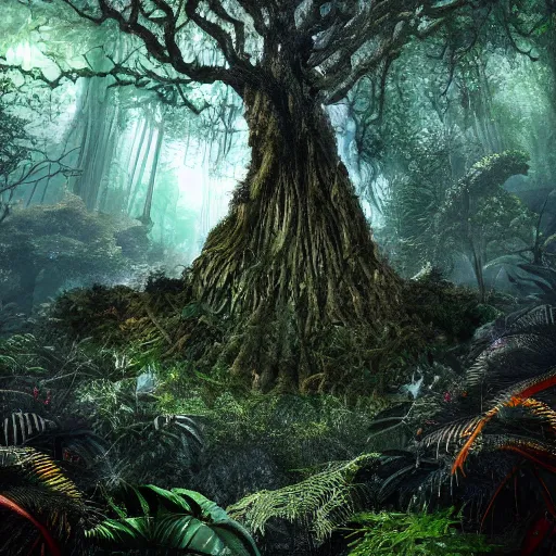 Prompt: horrific, spectacular tree in a densely overgrown, dark jungle, fantasy, dreamlike sunraise, ultra realistic
