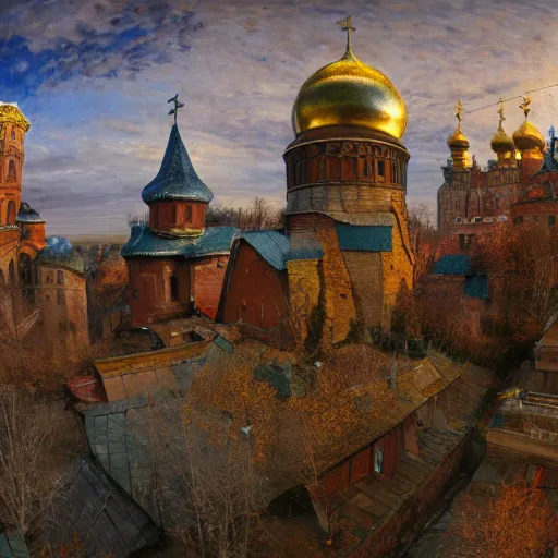 Image similar to photo beautiful magical ancient Slavic Russian city of Kitezh, fisheye lens, painting by Viktor Vasnetsov, concept art, magical city, fantasy cityscape, ancient Slavs, wooden buildings, ancient Russian architecture, terem, hyperborea, top cinematic lighting , cinematic mood, very detailed, 8k, high resolution, trending on artstation,