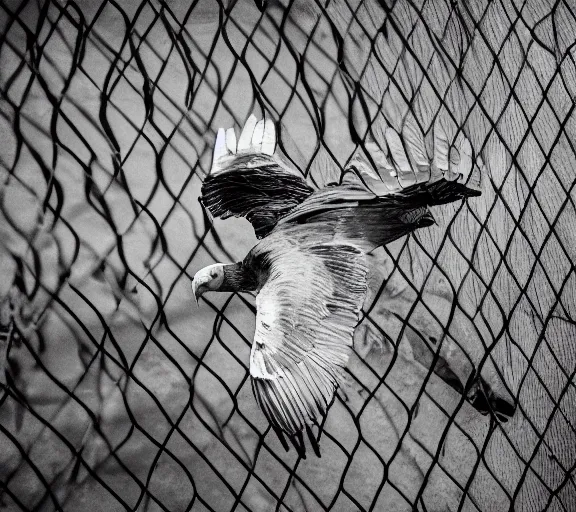 Prompt: Joachim Brohm photo of 'griffon vulture perched behind jail bars', high contrast, high exposure photo, monochrome, DLSR, grainy, close up