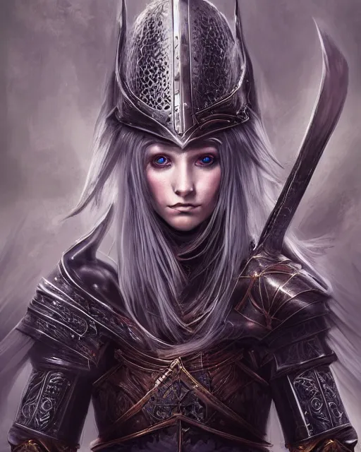 Prompt: portrait of a beautiful female knight with shimmering hair, symmetrical face and eyes, cgsociety, Elden Ring, Dark Souls, Bloodborne