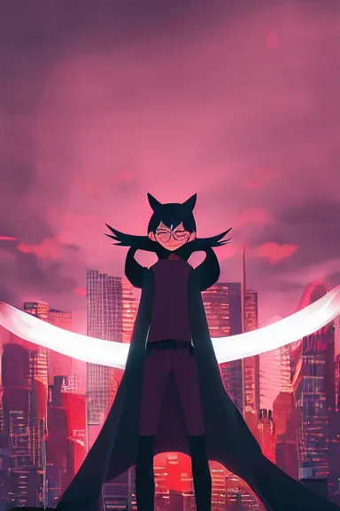 Image similar to little boy with cat ears in an black outfit with red cape. digital artwork made by lois van baarle and kentaro miura, sharpness focus, inspired by hirohiko araki, anatomically correct, heroic composition, hero pose, smooth, night cyberpunk city