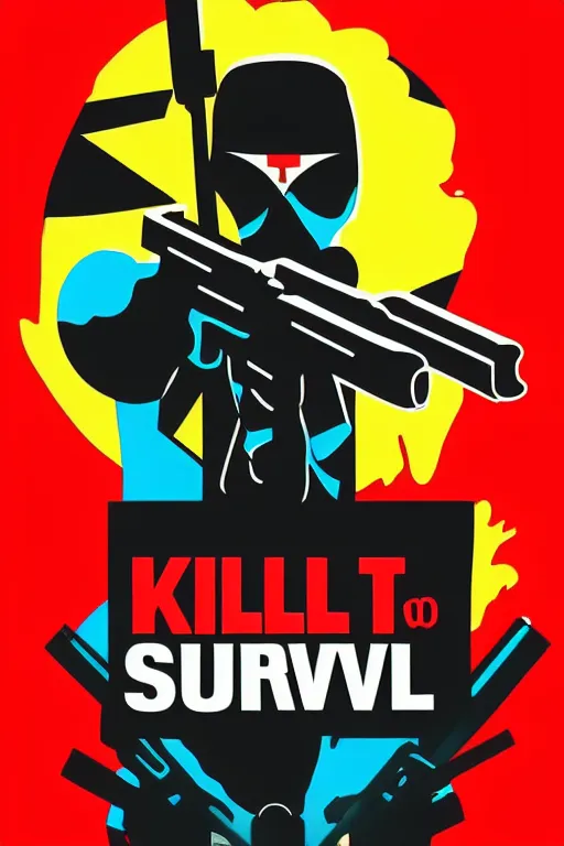 Image similar to kill to survive, shoot to kill. pop art logo, no duplicate image, glowing lights, ultra details, digital painting, artstation, concept art, smooth, sharp focus, illustration, intecrate details, balance, art by richard hamilton and mimmo rottela