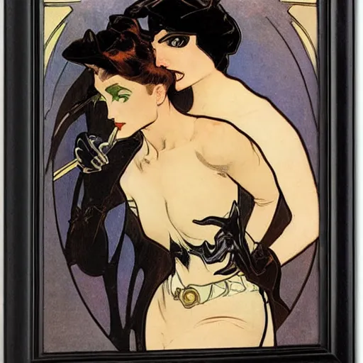 Image similar to portrait of catwoman and batman by Alphonse Mucha