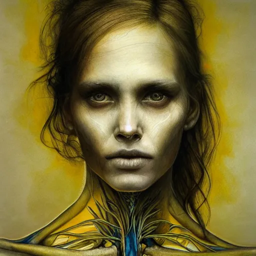 Image similar to masterpiece, woman, bones and veins, yellow, marco mazzoni, zdzislaw beksinksi