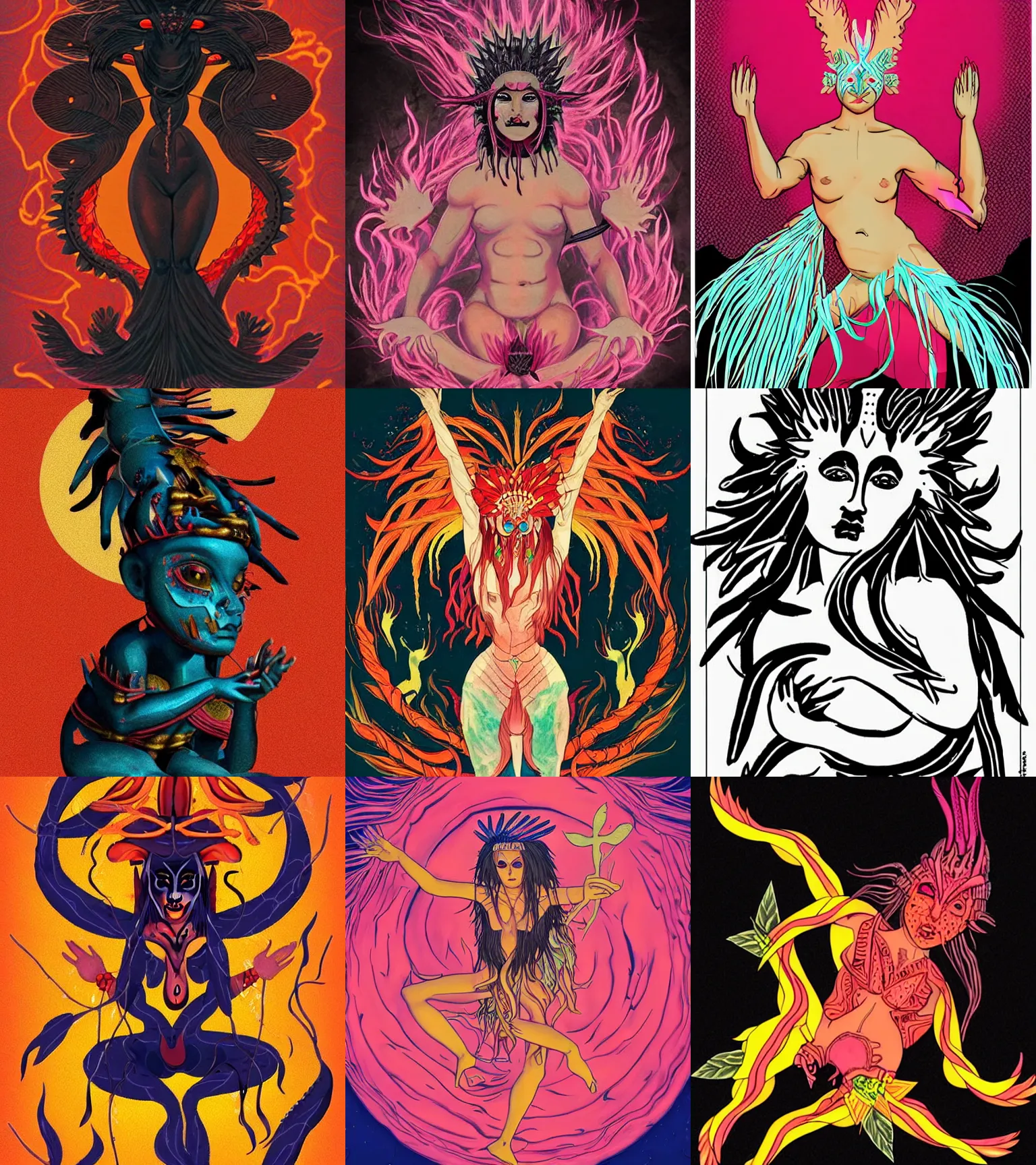 Prompt: cuaxolotl, the dual goddess of death and fertility, appears as the fire goddess, a beautiful young indigenous mexican woman. low polygon art aesthetic, anatomy revealed pop art hoze naghashi aesthetic, modern dance aesthetic, contemporary dark dance aesthetic, contemporary dance poses