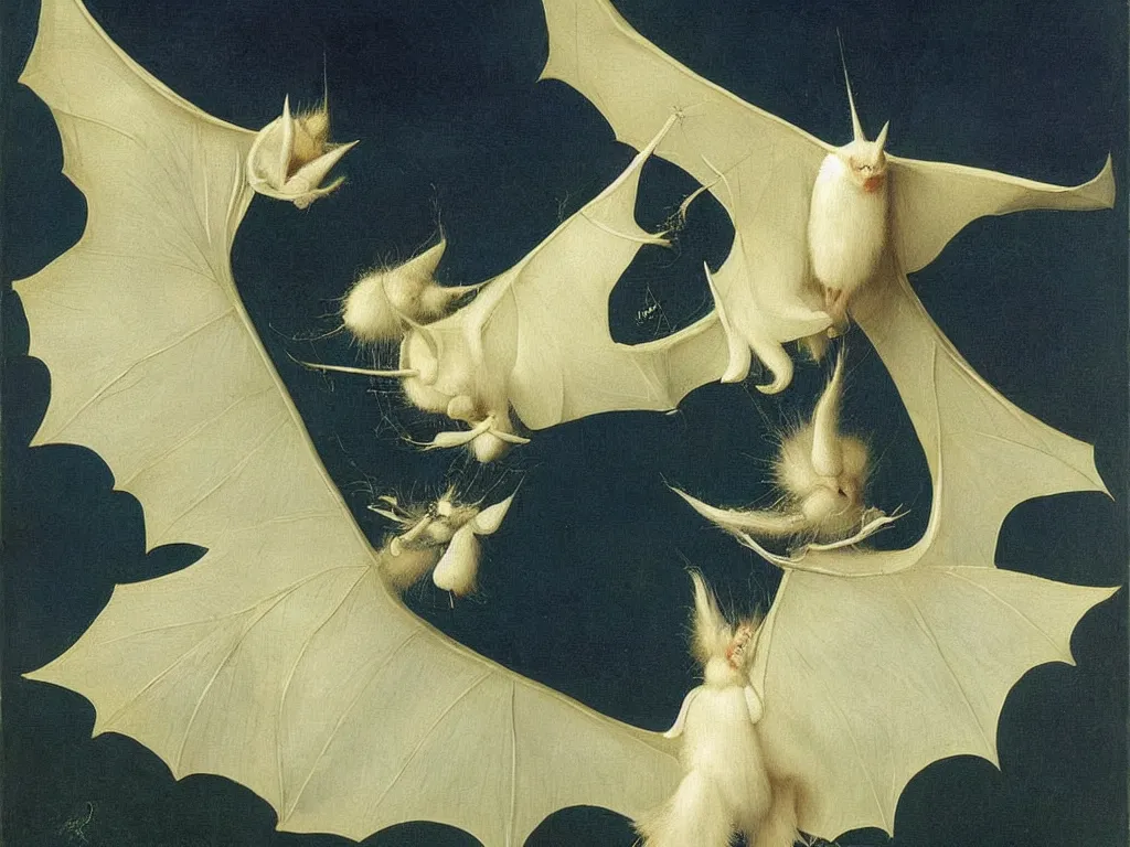 Image similar to beautiful exotic white fluffy bat, long antennae, giant ears. Night, fireflies. Painting by Jan van Eyck, Audubon, Rene Magritte, Agnes Pelton, Max Ernst, Walton Ford