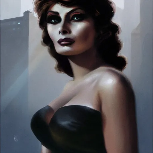 Image similar to closeup portrait of a young sophia loren, 1 9 2 0 s, femme fatale, city background, megacity, high fantasy, dramatic light, gorgeous view, depth, high detail, digital art, painted by greg rutkowski, trending on artstation