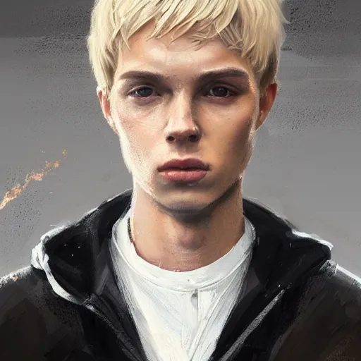 Image similar to Portrait of a man by Greg Rutkowski, he is about 20 years old, west slav features, short blonde hair with bangs, attractive, smart looking, slim, somewhat androgenic, he is wearing a white and black utilitarian jumpsuit, highly detailed portrait, scifi, digital painting, artstation, concept art, smooth, sharp foccus ilustration, Artstation HQ