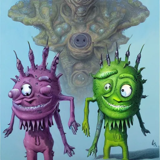 Image similar to painting of alien creatures that look like spongebob and patrick, in the style of wayne barlowe