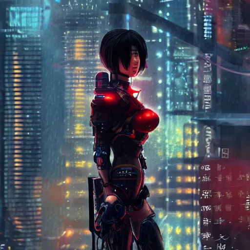 Image similar to An realistic epic fantastic comic book style portrait painting of a female cyber samurai by WLOP, black and reddish color armor, cyberpunk feel raining at tokyo rooftop, Concept world Art, unreal 5, DAZ, hyperrealistic, octane render, cosplay, RPG portrait, dramatic lighting, rim lights