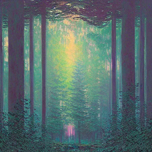 Image similar to A magical forest by Dan Mumford, Claude Monet and Simon Stålenhag