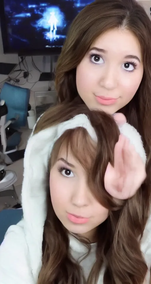 Prompt: pokimane is streaming, but there is a ghost behind her and she does not realize