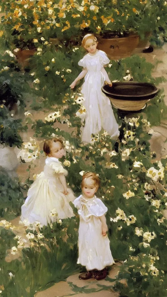 Prompt: beautiful young julee wear alace dress in a botanical yard set near a persian pot by john singer sargent