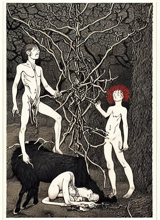 Prompt: pagan boy and girl performing an occult satanic ritual on a goat in a deep thorns bones bloody forest, by Austin Osman Spare and Takato Yamamoto, high resolution, rendered in octane 3d