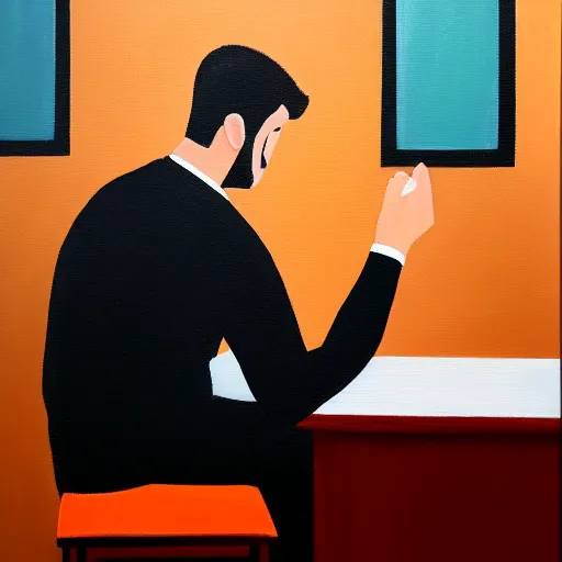 Image similar to a man sitting in a bar about to make a fundamental decision for his life, he is uncertain, but he knows he would rather have remorse than regret, acrylic painting