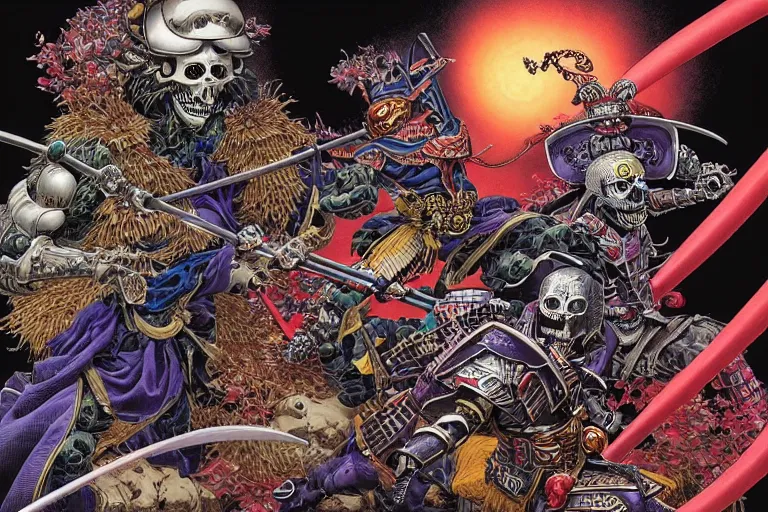 Prompt: portrait of two crazy skeletor samurais battle each other, with japanese armor and helmet, by yoichi hatakenaka, masamune shirow, josan gonzales and dan mumford, ayami kojima, takato yamamoto, barclay shaw, karol bak, yukito kishiro