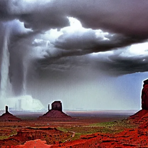 Prompt: a furious storm from which a waterfall falls from the sky onto a monument valley