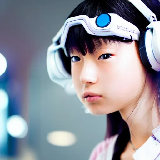 Prompt: stunning photorealistic portrait of cute cyber punk high school girl from Japan. she is wearing heavy complicated future headsets. award winning, taken by canon 5d mk4, art lens, perfect lighting