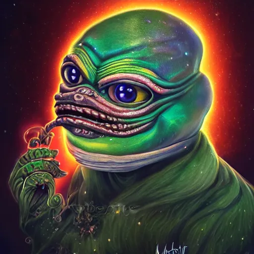 Image similar to 3d render of highly detailed hyper-detailed beautiful mystic portrait of a phantom undead pepe with whirling galaxy around, tattoos by Anton Pieck, intricate, extremely detailed, digital painting, artstation, concept art, smooth, sharp focus, illustration, intimidating lighting, incredible art,