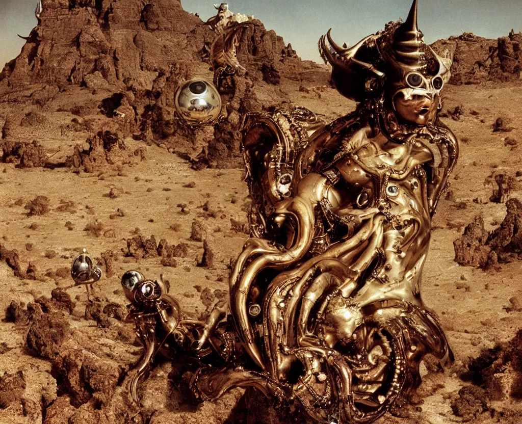 Image similar to portrait of salvador dali wearing a horned crown and costume with jewels in a dry rocky desert landscape, alien spaceship by giger, film still from the movie by alejandro jodorowsky with cinematogrophy of christopher doyle and art direction by hans giger, anamorphic lens, kodakchrome, very detailed photo, 8 k