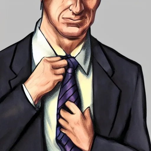 Prompt: Saul Goodman fixing his tie , accurate anatomy, accurate hands, highly detailed, digital art,