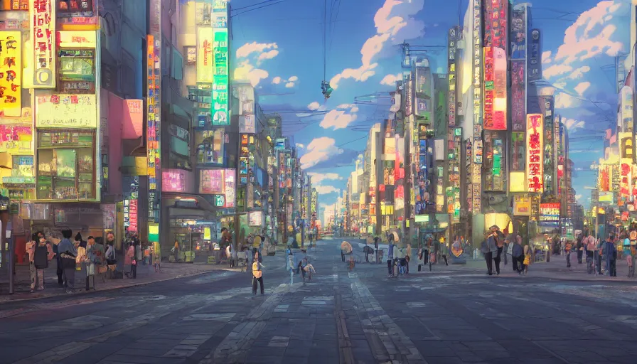 Prompt: A highly detailed matte painting of a tokyo street with a bright shimmering sky by Studio Ghibli, Mokoto Shinkai, by Artgerm, by beeple, volumetric lighting, octane render, 4K resolution, trending on artstation, vivid colours