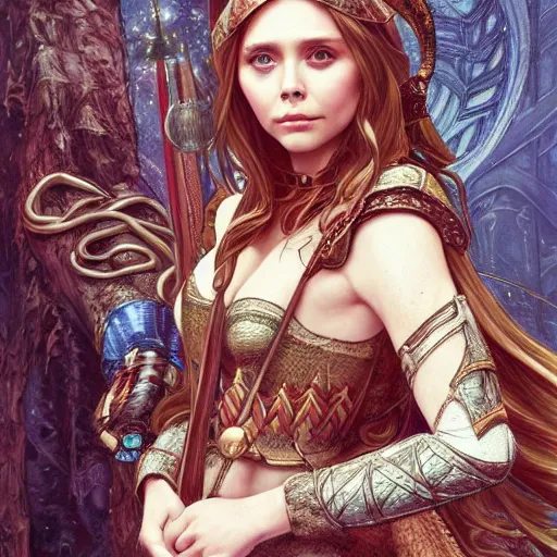 Image similar to Elizabeth Olsen as a elf archer, cute, fantasy, intricate, elegant, highly detailed, centered, digital painting, artstation, concept art, smooth, sharp focus, illustration, art by artgerm and H R Giger and alphonse mucha