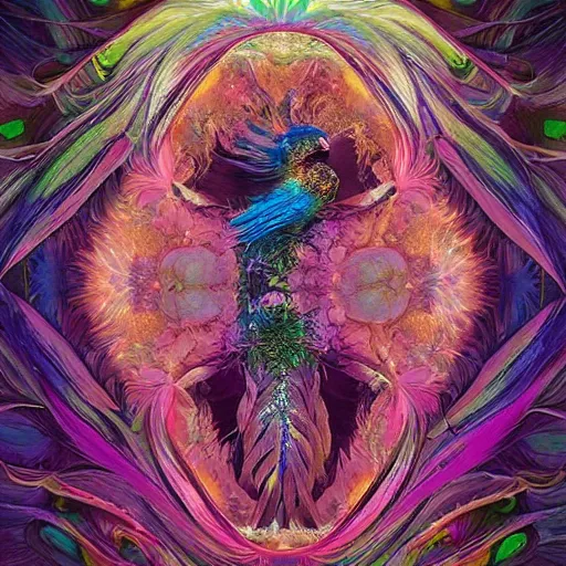 Image similar to A reality bending psychedelic ayahuasca experience, colorful, distorted, surreal, tropical bird feathers, dramatic lighting on the face, intricate, elegant, highly detailed, digital painting, concept art, smooth, sharp focus, fireflies illuminate small parts, illustration, art by Krenz Cushart and Wayne Barlowe and Jon Foster