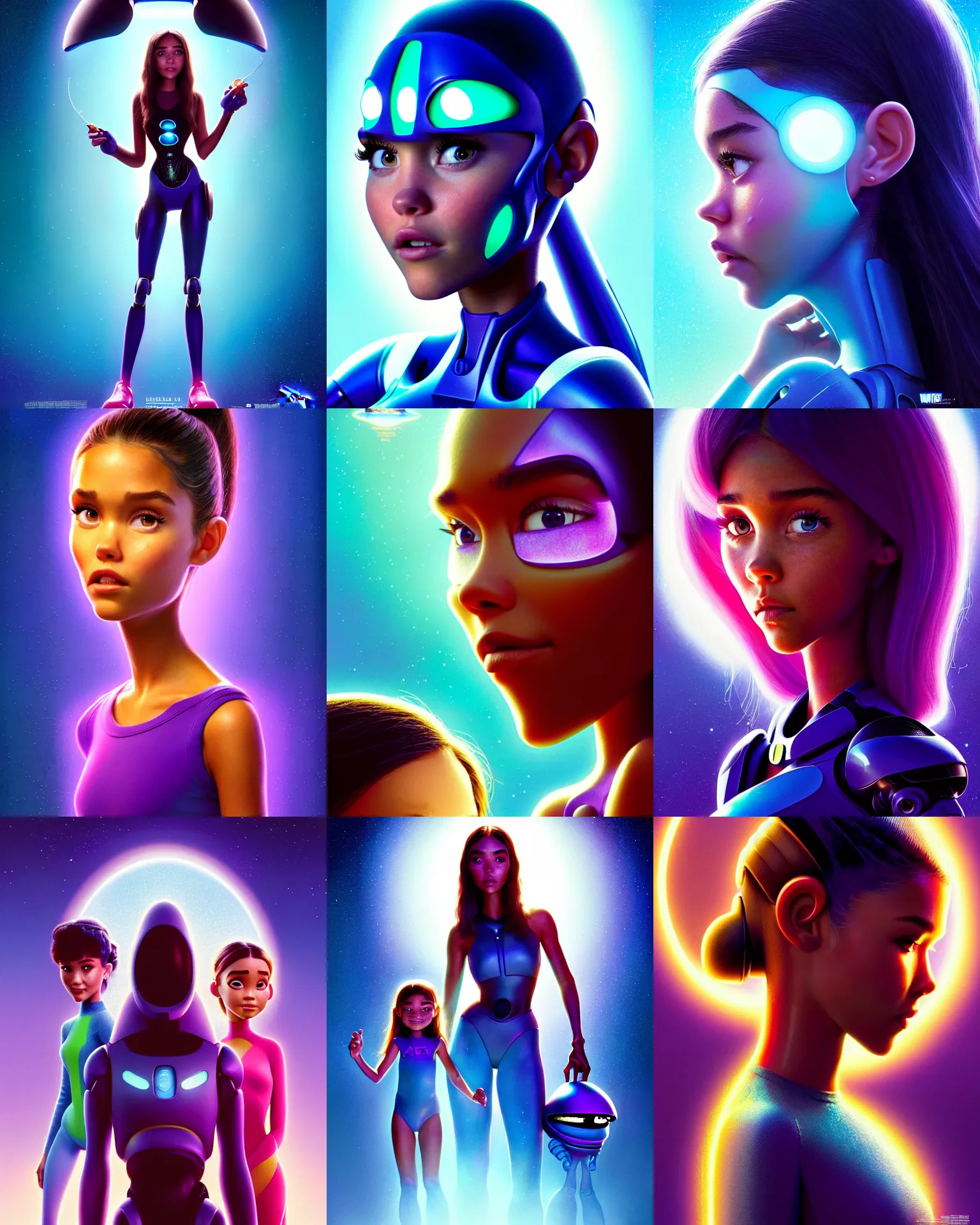 Prompt: disney pixar scifi movie poster portrait photo of madison beer, jessica alba, : : as alien cyborg rave mom by pixar : : by weta, wlop, ilya kuvshinov, artgerm, greg rutkowski, intricate jewelry, artstation, unreal engine, racy, pearlescent, wet, morning, : :