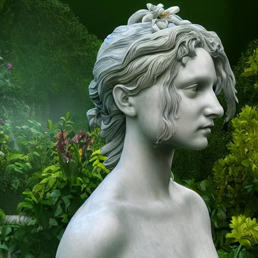 Image similar to an idealistic marble statue with flowery hair in a fractal garden, unreal engine, 8k render, beautiful, full frame,