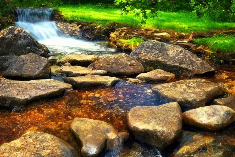 Prompt: water, stone, forest, fantasy, painting, ultra realistic!!!, clear weather, golden hour, sharp focus