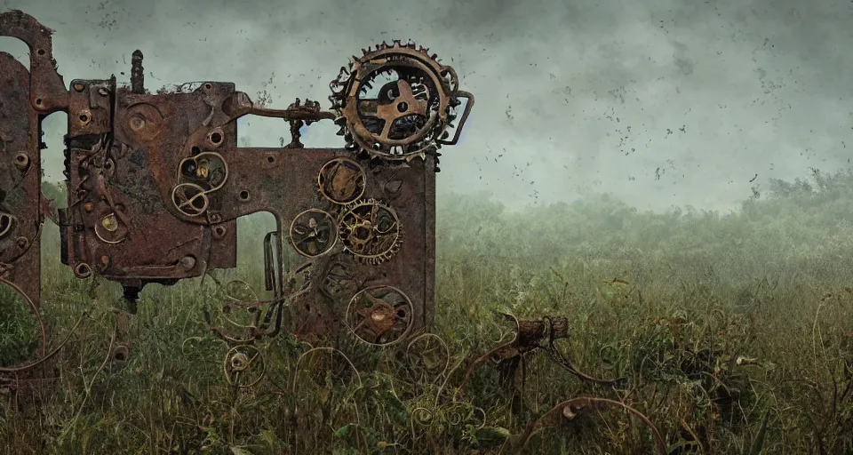 Image similar to rusty broken steampunk mechanism taken by ferns and vines, steppe, misty background, from the game pathologic 2, highly detailed, sharp focus, matte painting, by su jeong ahn, by isaac levitan and asher brown durand,
