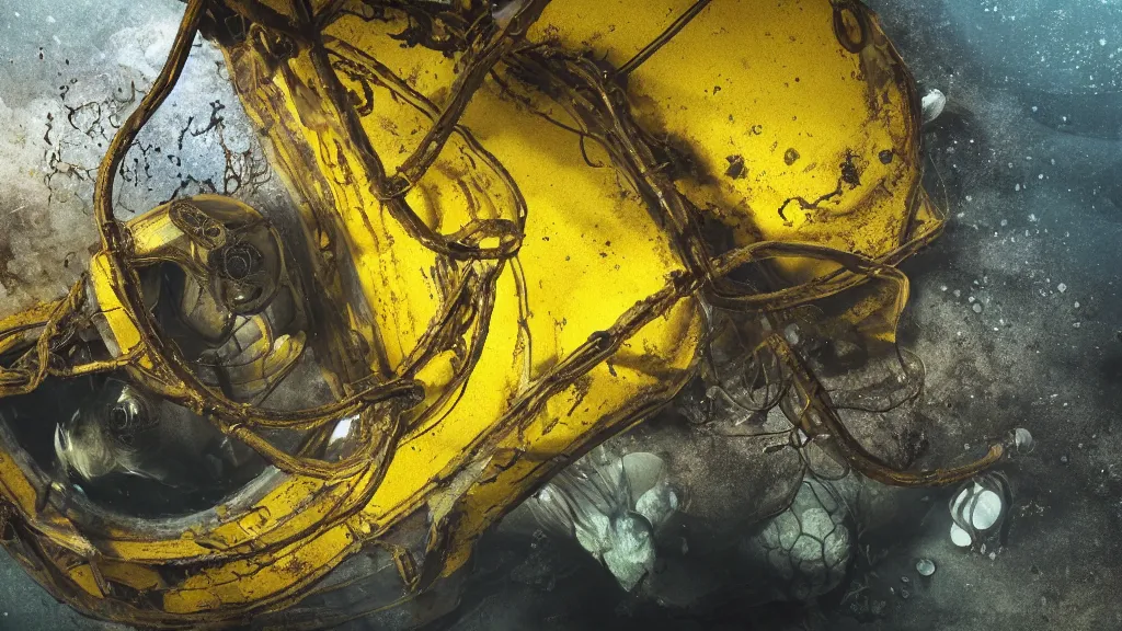 Prompt: a photorealistic dramatic hyperrealistic underwater render of an deep sea habitat, ultra realistic details, glossy yellow, well worn, rust, oil stains designed by vitaly bulgarov and mike nash, beautiful dramatic dark moody tones and lighting, cinematic atmosphere, global illumination, shadows, dark background, octane render, 8 k