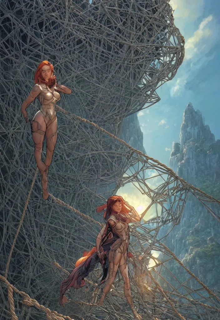 Prompt: comic book cover of android on a old rope bridge looking up at crystal temple, highly detailed, professional digital painting, Unreal Engine 5, illustration, HD quality, 8k resolution, cinema 4d, 3D, cinematic, professional photography, art by artgerm and greg rutkowski and alphonse mucha and loish and WLOP