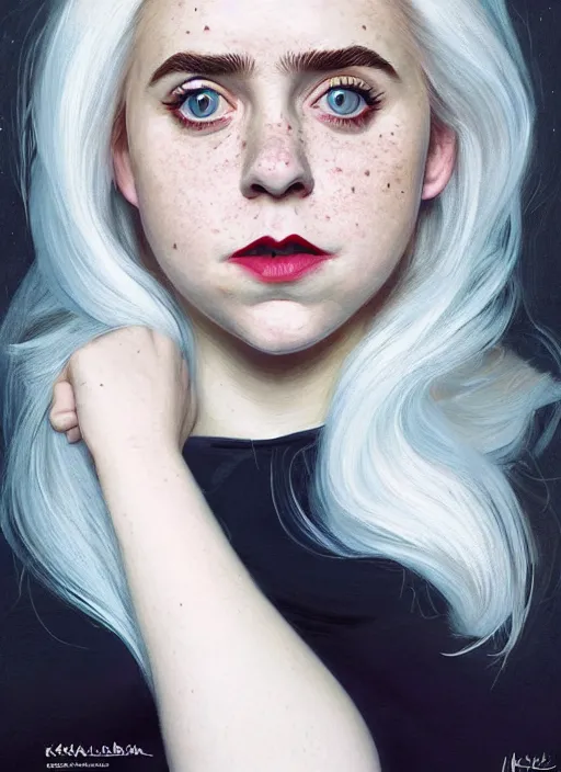 Image similar to full body portrait, kiernan shipka as sabrina spellman, white hair, obese, bangs, sultry, realistic, sultry smirk, fluffy bangs, freckles, fat, belly, intricate, elegant, highly detailed, digital painting, artstation, concept art, smooth, sharp focus, illustration, art by wlop, mars ravelo and greg rutkowski