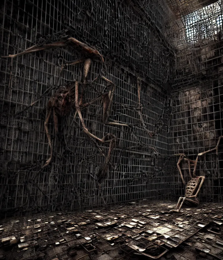 Prompt: Creepy huge suffering humanoid with long limbs sits on the floor. An underground very dark gloomy multi-layered structure of rusty thick iron grates, dense chain-link fencing and peeling walls. Inside view, collapsed floors, bent rusted iron, masterpiece, black background, corners, cinematic, hyperdetailed, photorealistic, hyperrealism, octane render, 8k, depth of field, bokeh, architecture, shadows, art by Zdzisław Beksiński, Dariusz Zawadzki