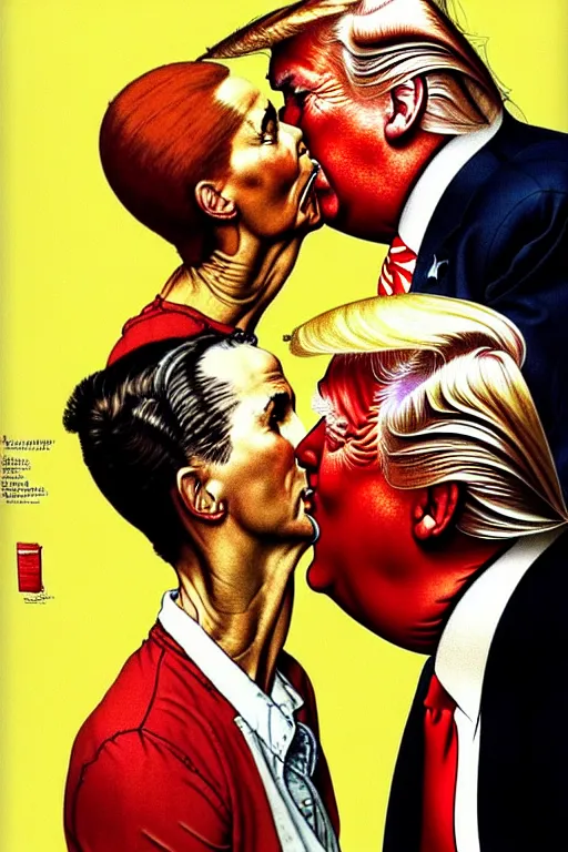 Prompt: norman rockwell painting of donald trump kissing donald trump