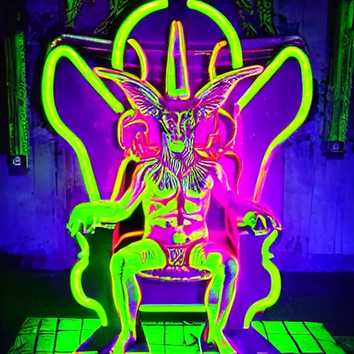 Image similar to neon baphomet on a throne with its disciples bowing down