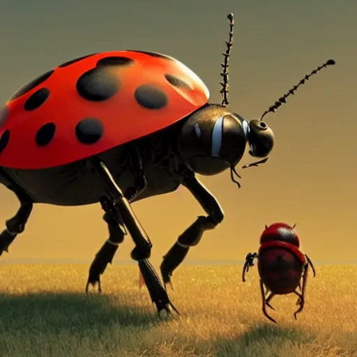 Image similar to promotional movie still, ladybugs, ladybug quadruped with big piercing eyes, ladybug hobbits, ladybug robots, space western, the fellowship of the ring ( film ), 3 d render