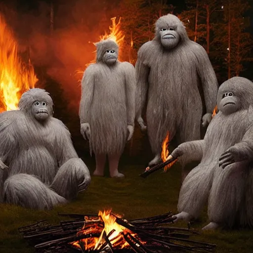 Prompt: Highly detailed, photorealistic, family of Yetis around a bonfire, by Gregory Crewdson