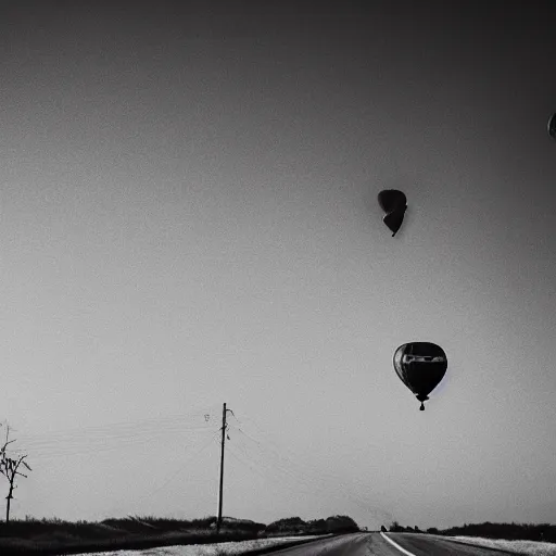 Image similar to a hot air balloon flying in the middle of the road, liminal space, uncanny, saturated, eerie, morbid