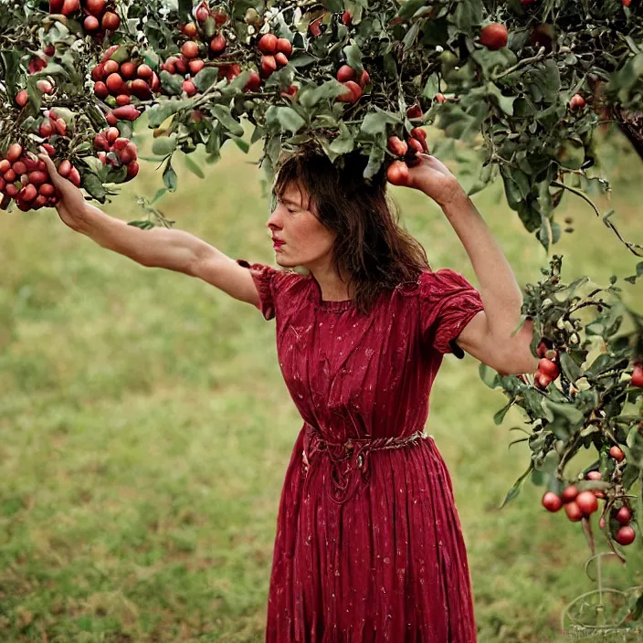 Image similar to a closeup portrait of a woman wearing a dress made of tangled twine and ribbon, picking pomegranates from a tree in an orchard, foggy, moody, photograph, by vincent desiderio, canon eos c 3 0 0, ƒ 1. 8, 3 5 mm, 8 k, medium - format print