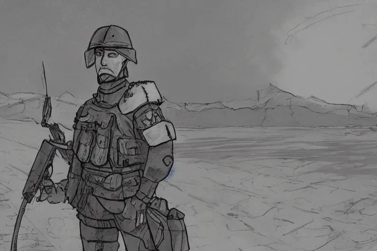 Image similar to sergeant dornan is standing in the desert near a closed hangar, a small ripple in the air from the heat, glare from the sun on metal surfaces, realistic proportions, anime style ghost in armor
