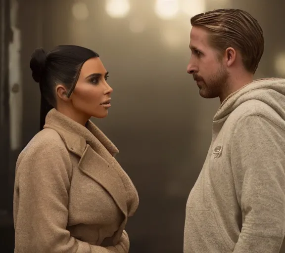 Image similar to a movie still of kim kardashian talking with ryan gosling in the movie blade runner 2 0 4 9