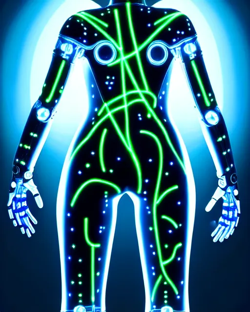 Prompt: human cybersuit goddess, bio-mechanical bio-luminescence, neurons, nerve cells, cinematic, rim light, hyper realism, high detail, masterpiece, high fashion