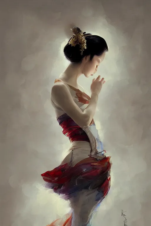 Image similar to geisha prima ballerina, intricate, portrait, elegant, volumetric lighting, digital painting, highly detailed, artstation, sharp focus, illustration, concept art, ruan jia, steve mccurry